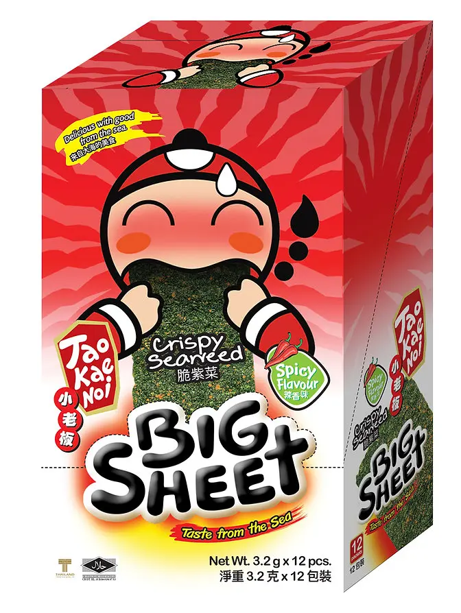 TAOKAENOI CRISPY SEAWEED BIG SHEET | 3.2G SPICY FLAVOUR × 12 × 10 PACKETS